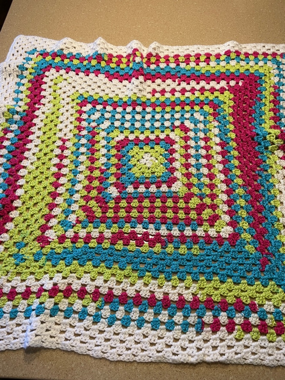 Hand Crafted Crochet Throw - White, Teal, Lime & Raspberry